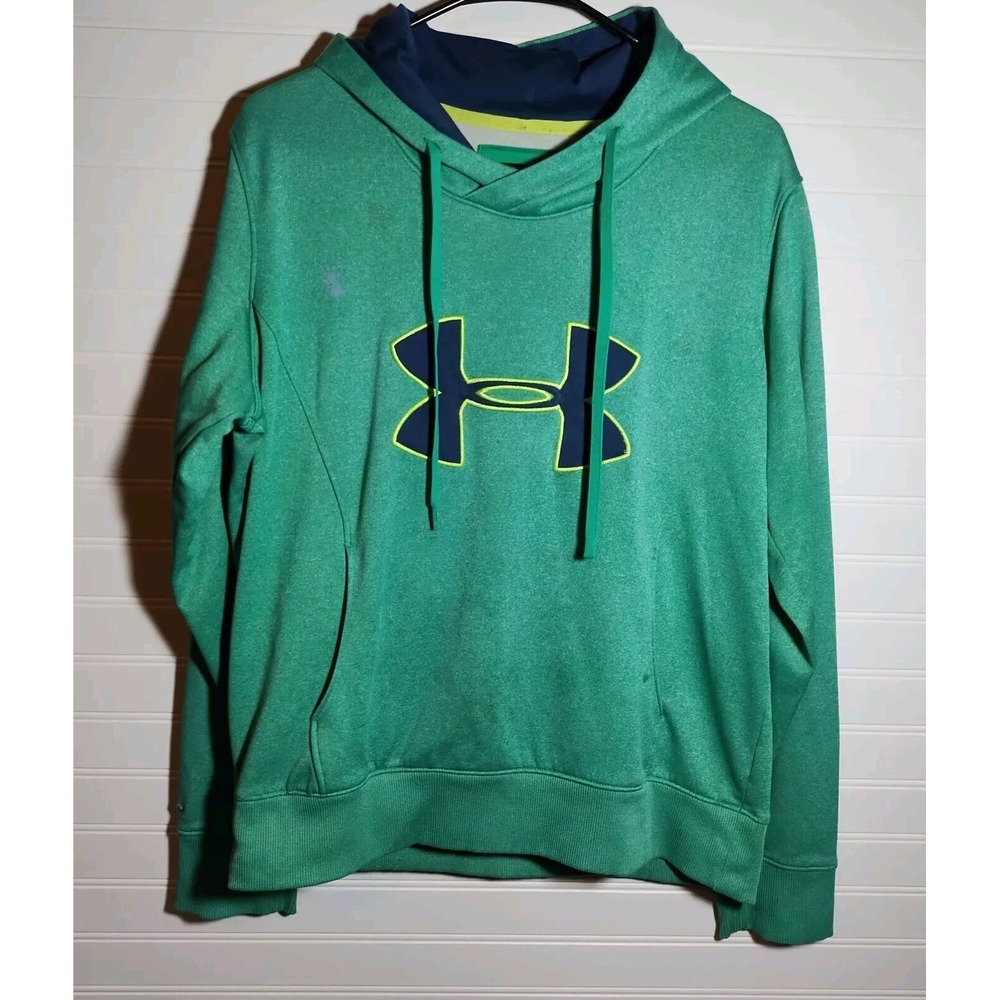 Under Armour Storm Logo Hoodie Green Navy Fleece Sz LG Semi-Fitted Sweatshirt
